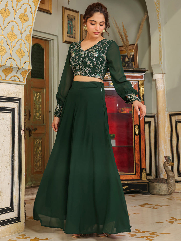 Dark Green Georgette Embroidered Top With Skirt Set  - By Janasya