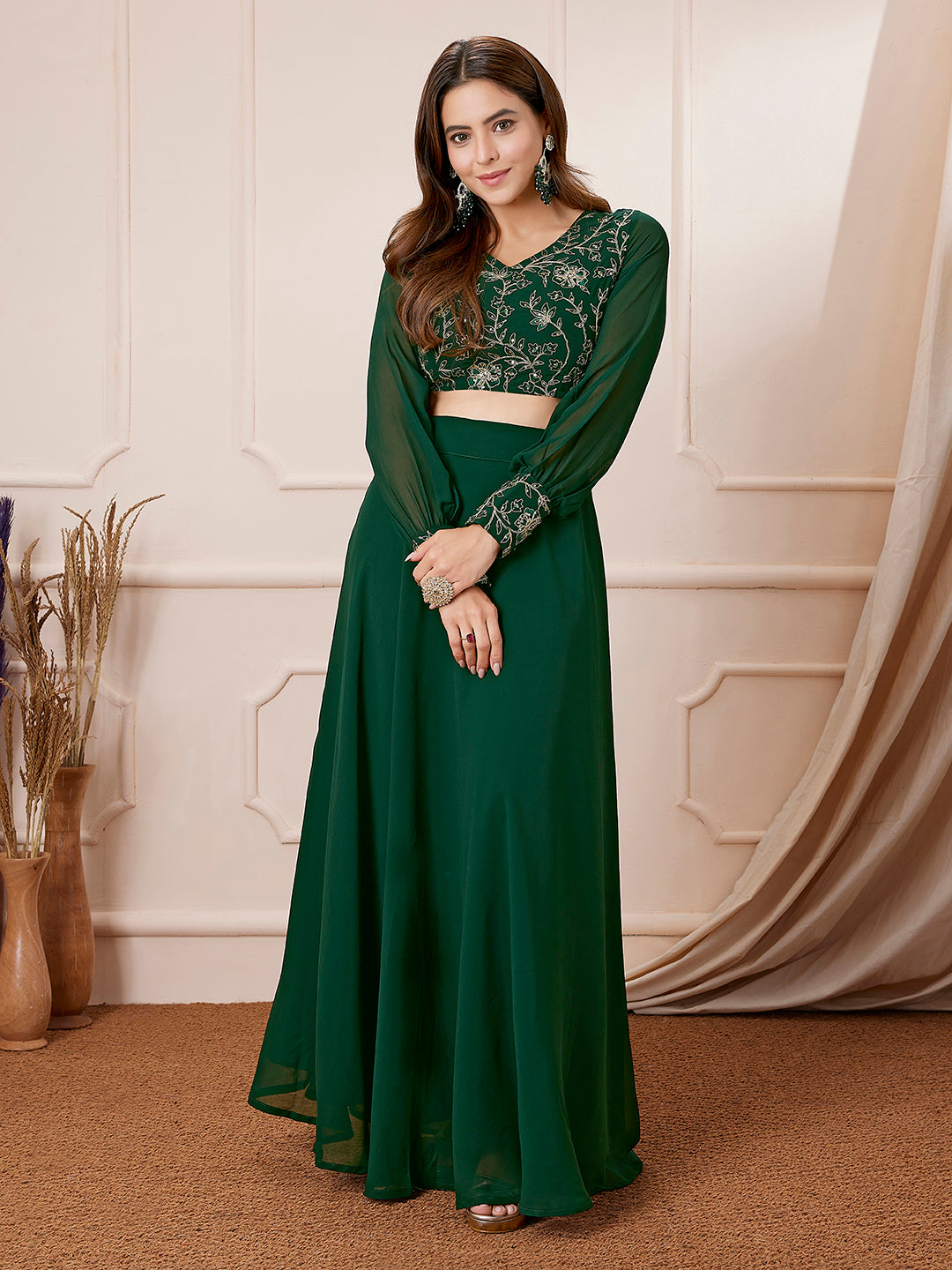 Dark green georgette embroidered top with skirt set by Janasya, perfect for elegant evening wear or special occasions