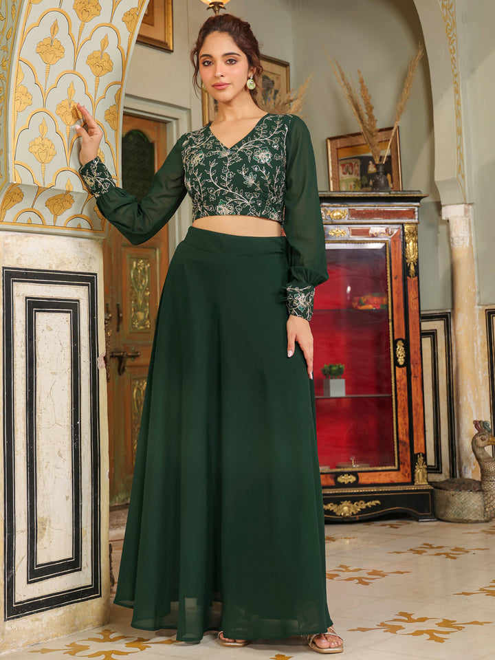 Dark Green Georgette Embroidered Top With Skirt Set  - By Janasya