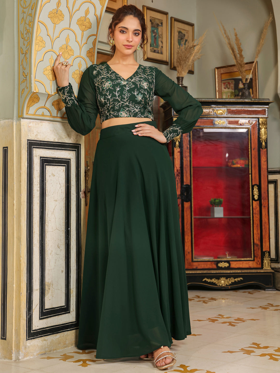 Dark Green Georgette Embroidered Top With Skirt Set  - By Janasya