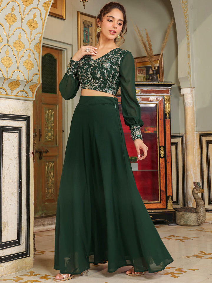 Dark Green Georgette Embroidered Top With Skirt Set  - By Janasya