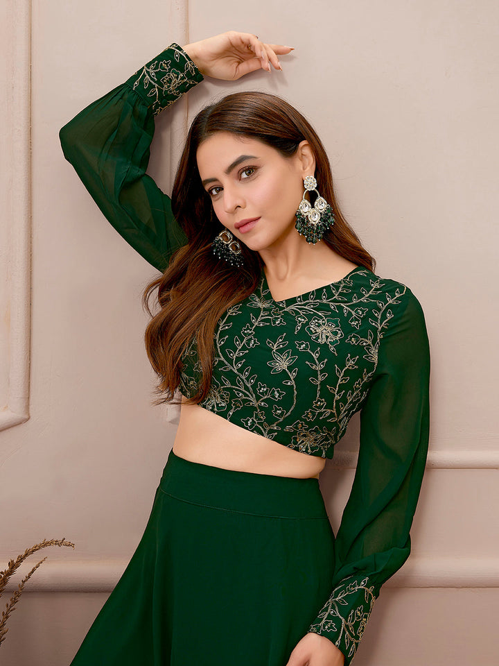 Beautiful dark green georgette top with intricate embroidery paired with a matching skirt set by Janasya, perfect for any special occasion