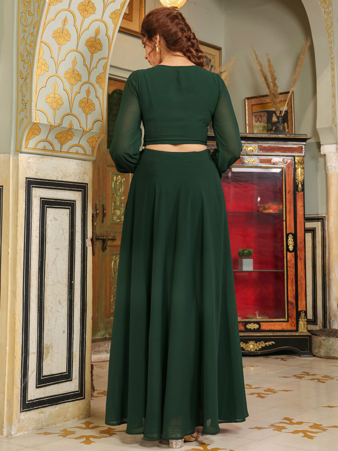 Dark green georgette top with intricate embroidery paired with a matching skirt set by Janasya, perfect for elegant and stylish occasions