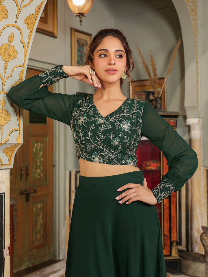 Dark Green Georgette Embroidered Top With Skirt Set  - By Janasya