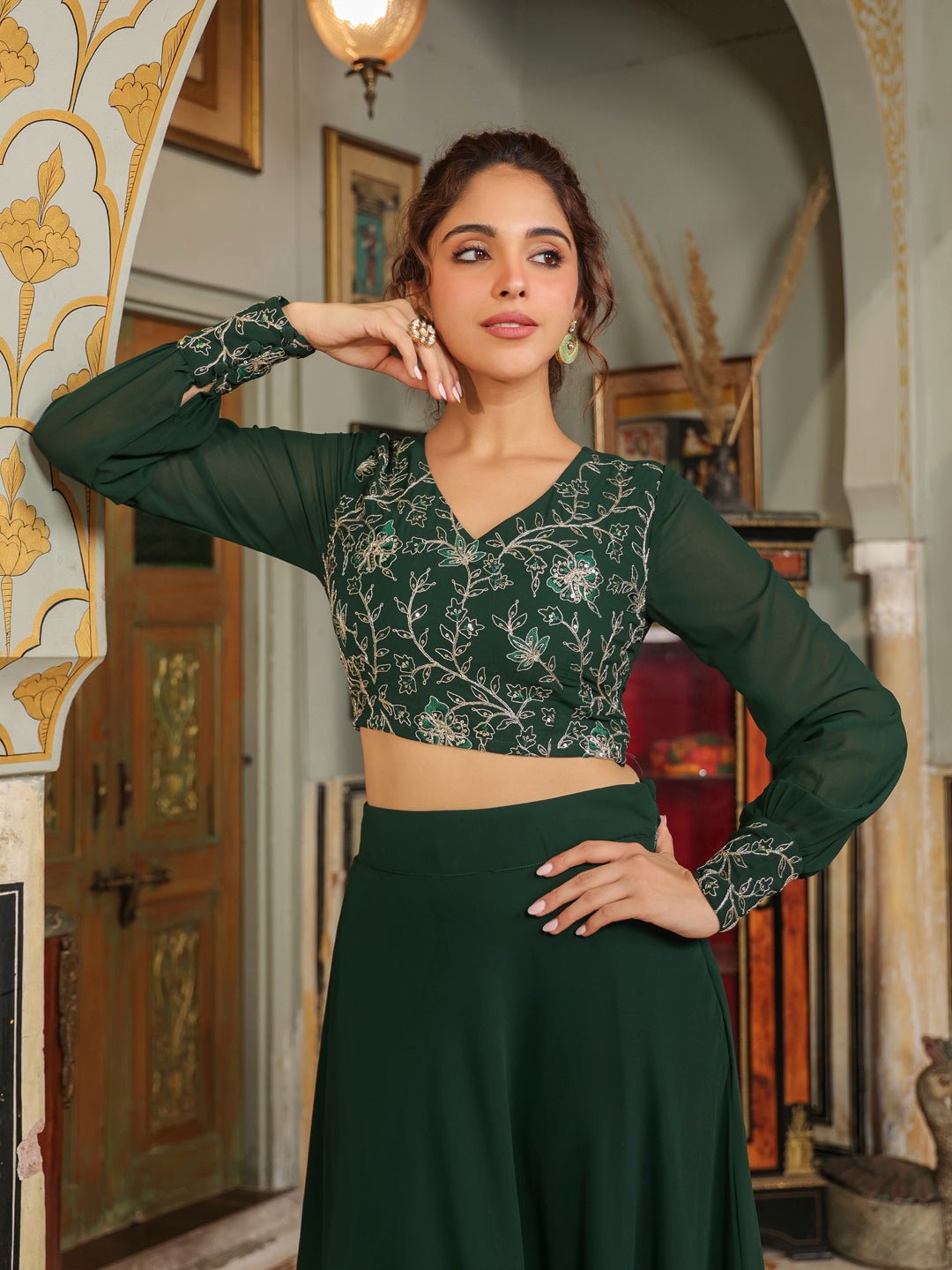 Dark green georgette top with intricate embroidery paired with a matching skirt set by Janasya, perfect for any special occasion