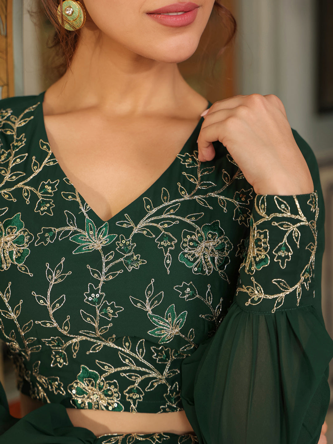 Dark Green Georgette Embroidered Top With Skirt Set  - By Janasya