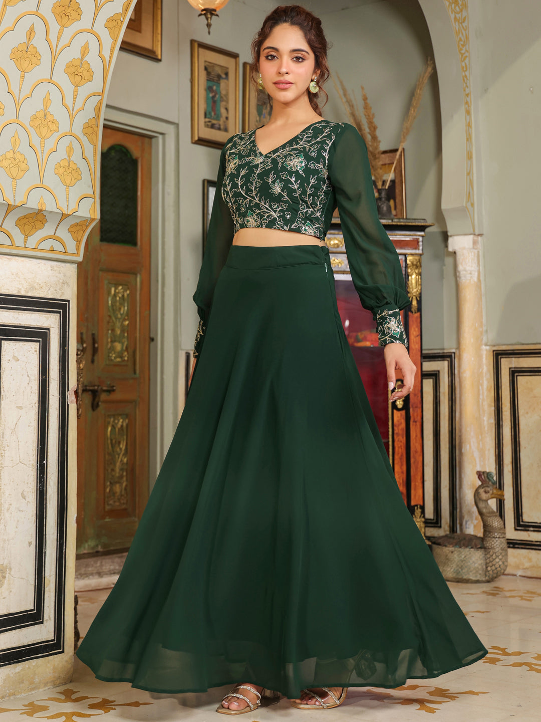 Dark green georgette top with intricately embroidered detailing, paired with a matching skirt set by Janasya, perfect for any special occasion or event