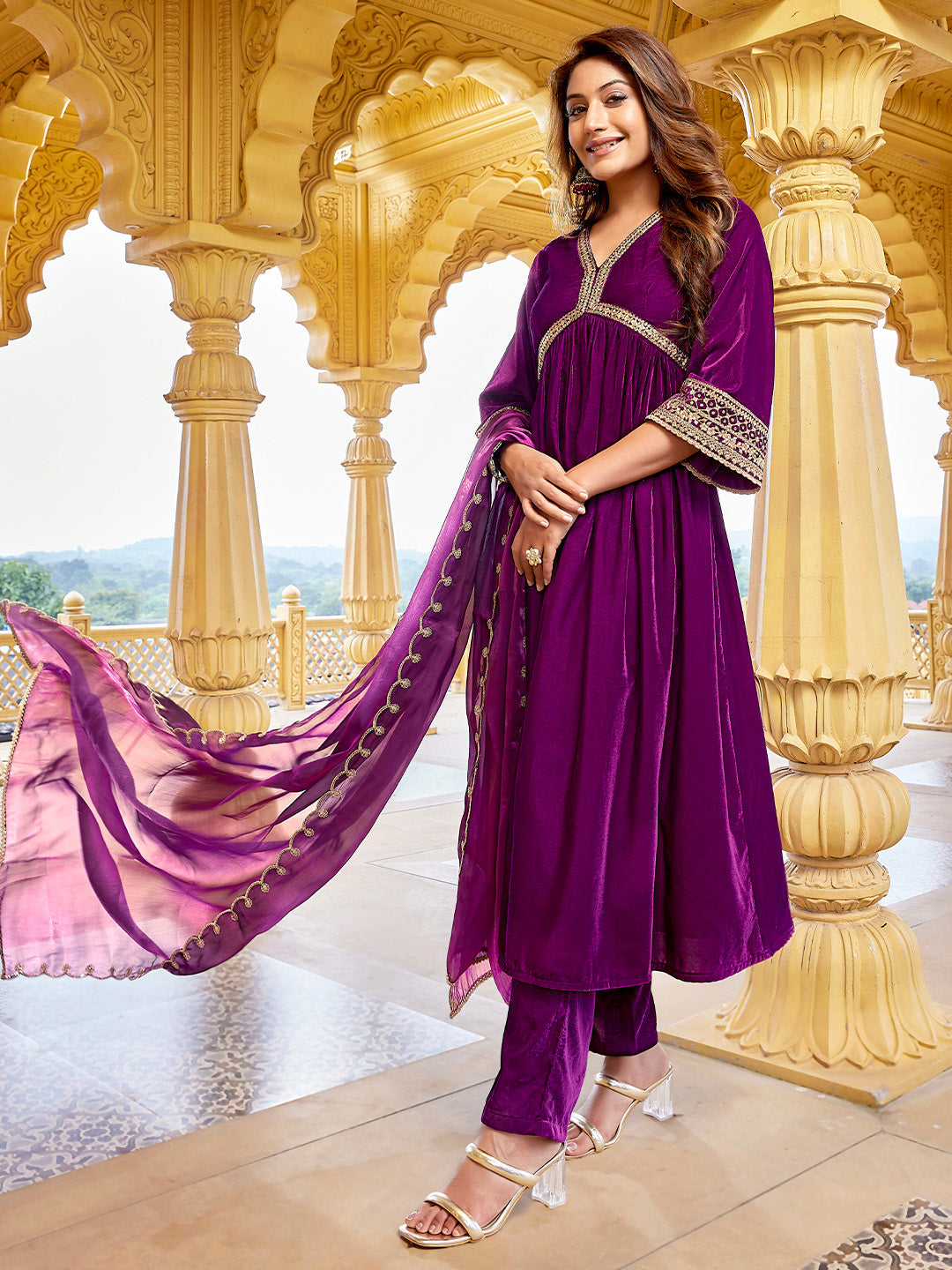 Purple Velvet Zari Embroidered A-Line Kurta Set  - By Janasya