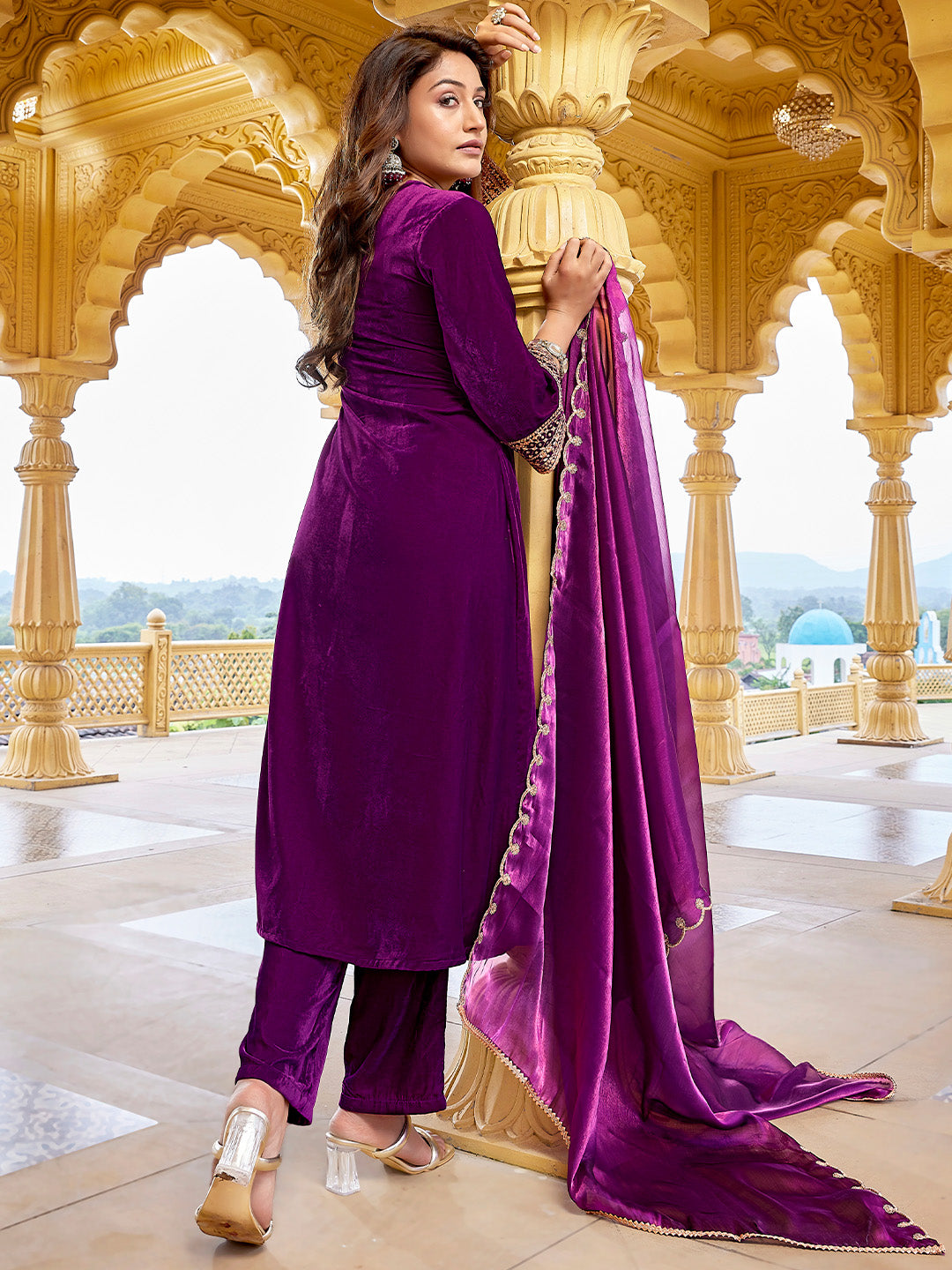 Purple Velvet Zari Embroidered A-Line Kurta Set  - By Janasya