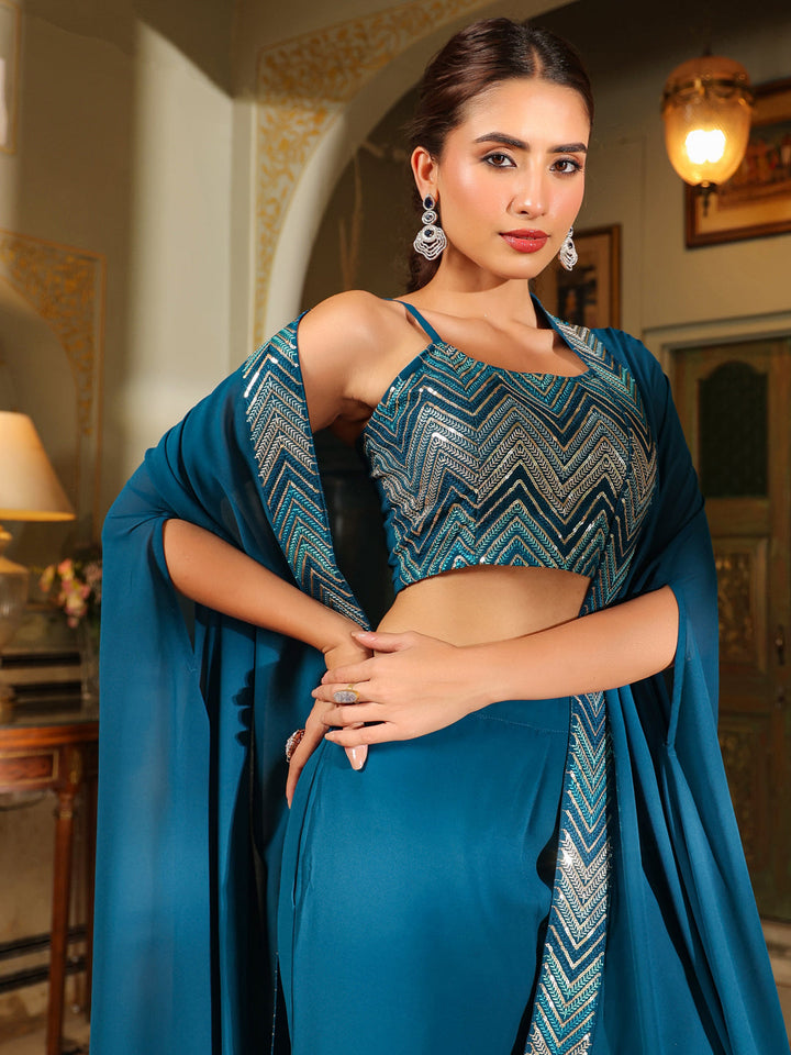 Teal Blue Georgette Sequined Crop Top With Pant & Cape Set  - By Janasya