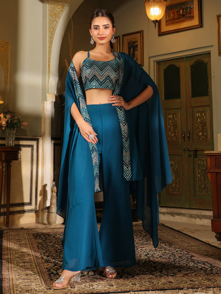 Teal Blue Georgette Sequined Crop Top With Pant & Cape Set  - By Janasya