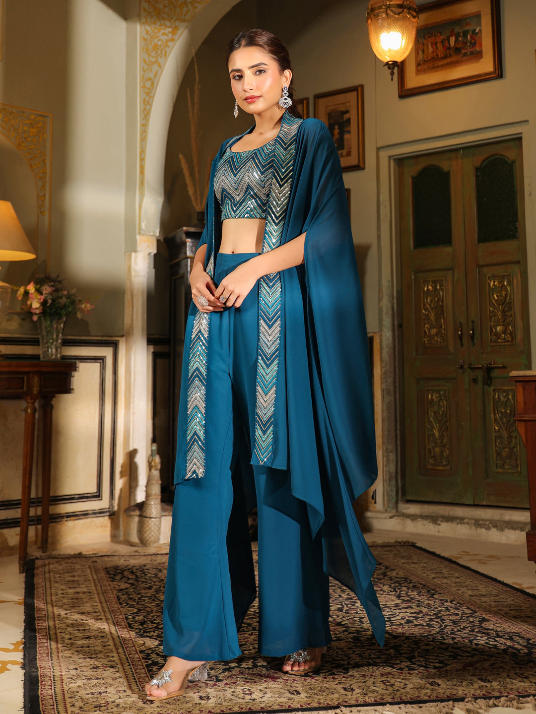 Teal Blue Georgette Sequined Crop Top With Pant & Cape Set  - By Janasya