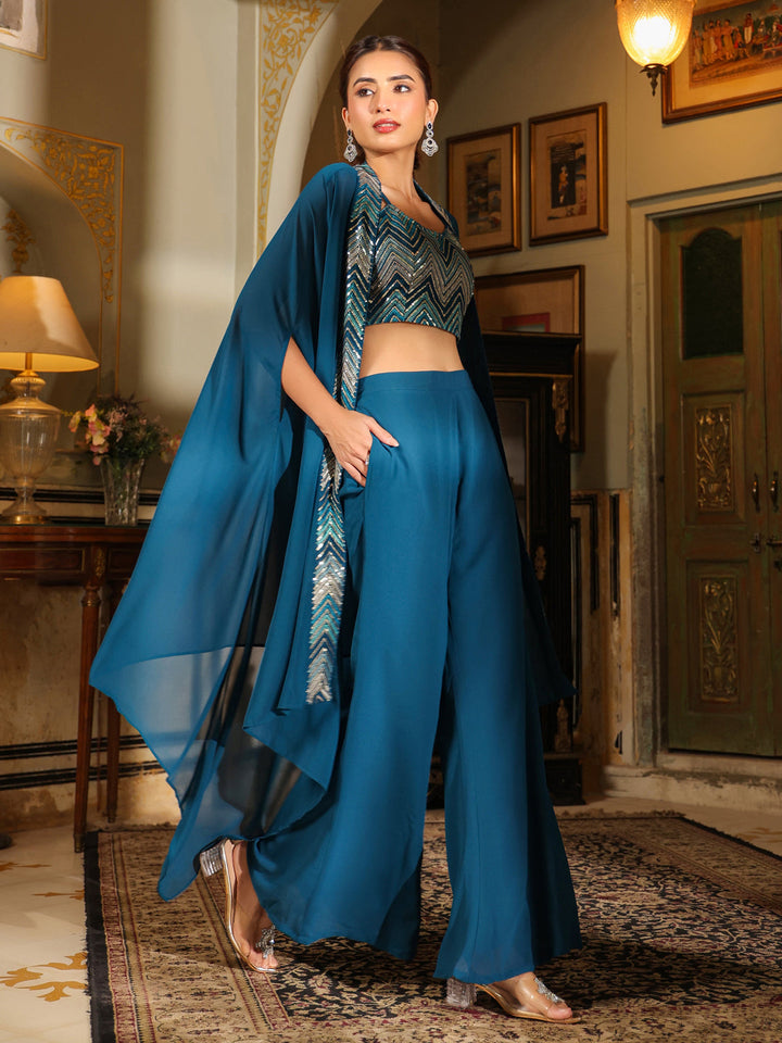 Teal Blue Georgette Sequined Crop Top With Pant & Cape Set  - By Janasya