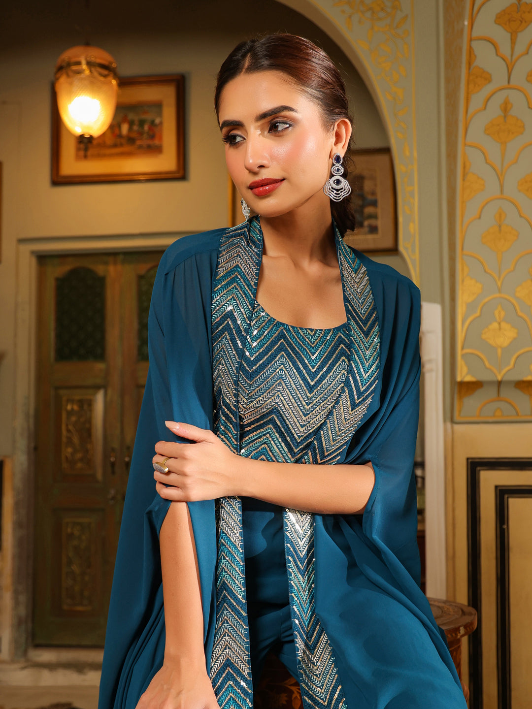 Teal Blue Georgette Sequined Crop Top With Pant & Cape Set  - By Janasya