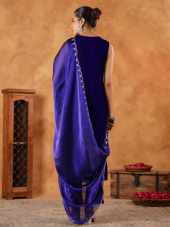 Royal Blue Velvet Zari Embroidered Straight Kurta Set  - By Janasya