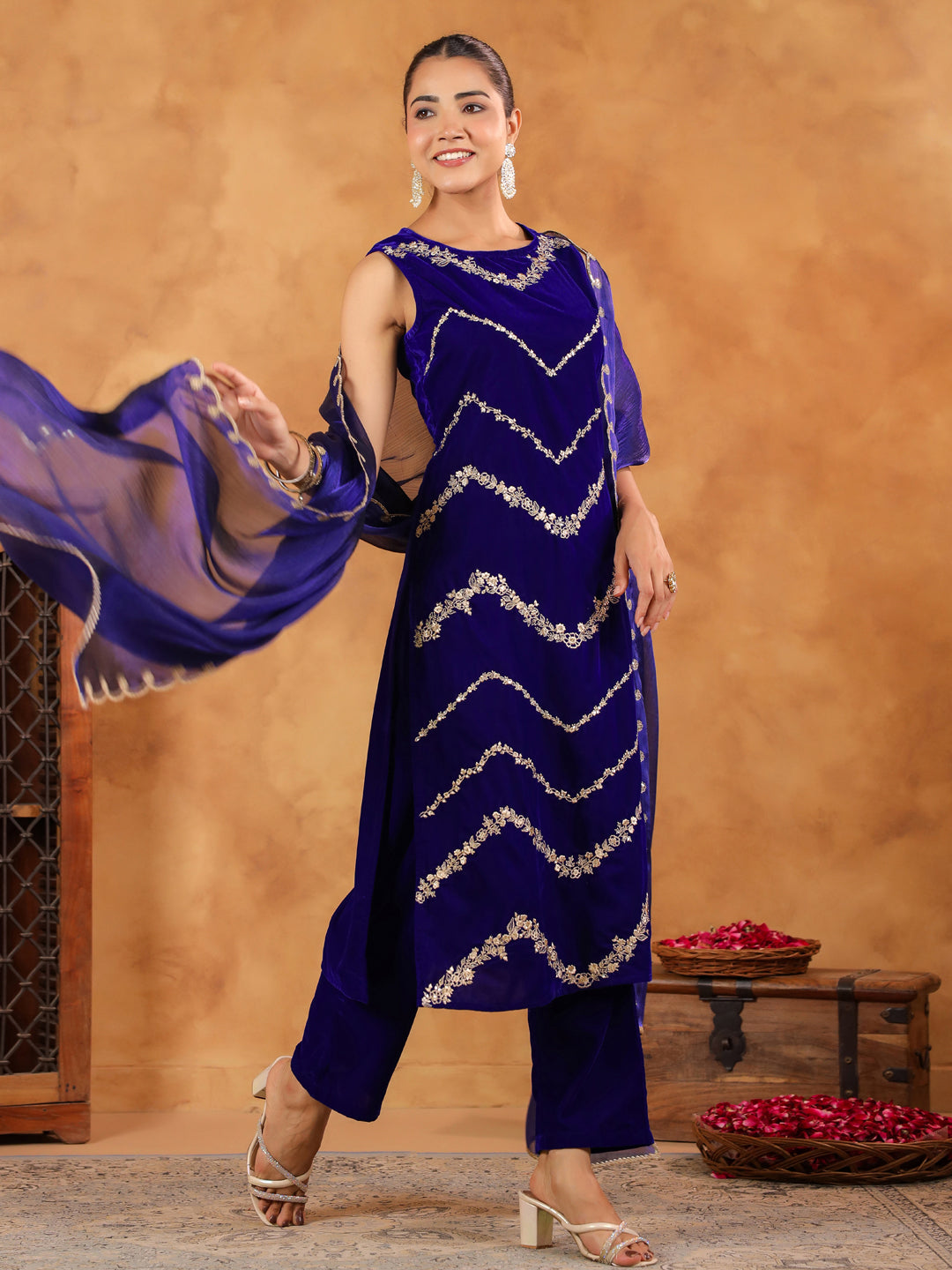 Royal Blue Velvet Zari Embroidered Straight Kurta Set  - By Janasya