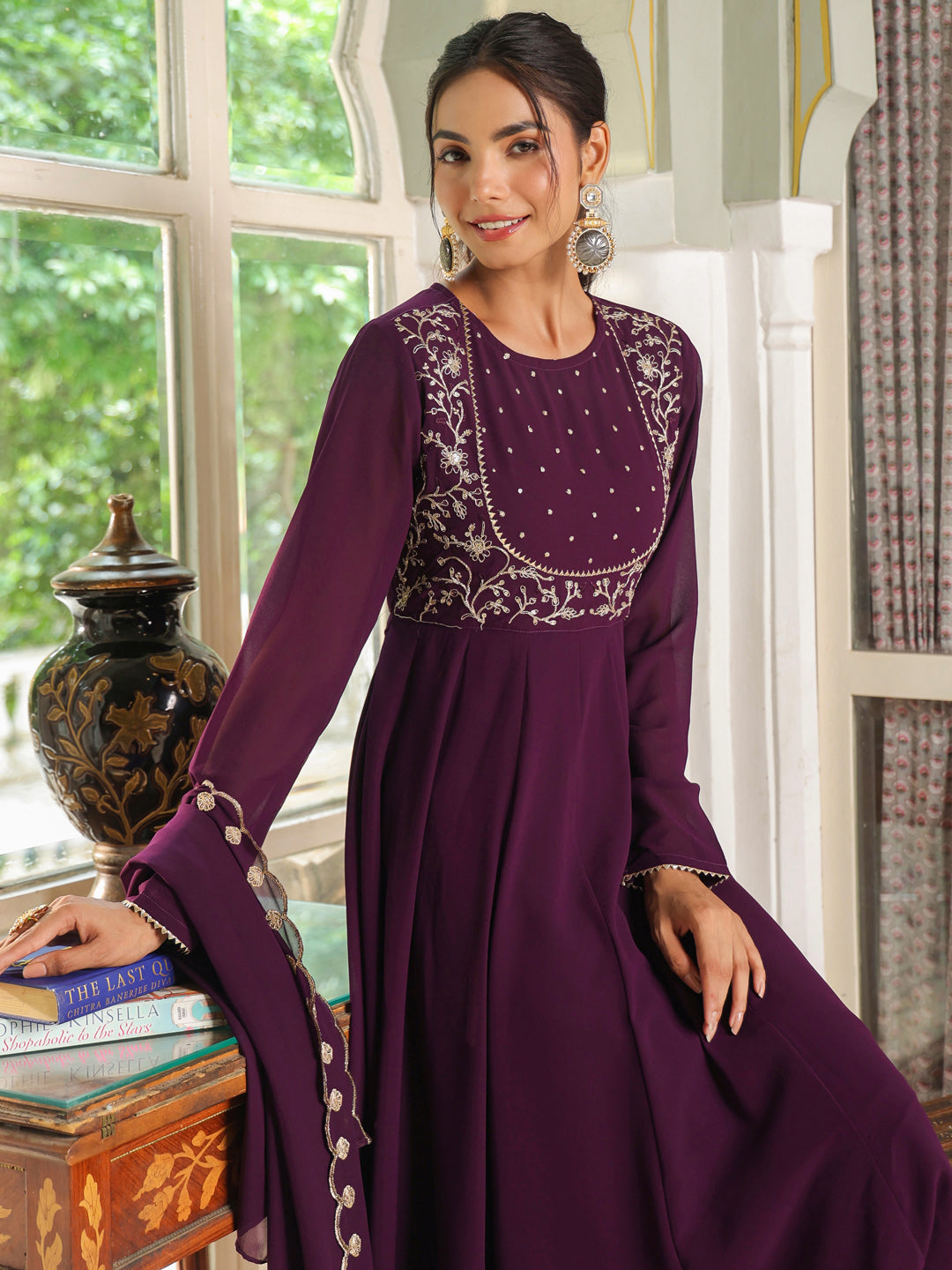 Purple Georgette Embroidered Anarkali Palazzo Set  - By Janasya