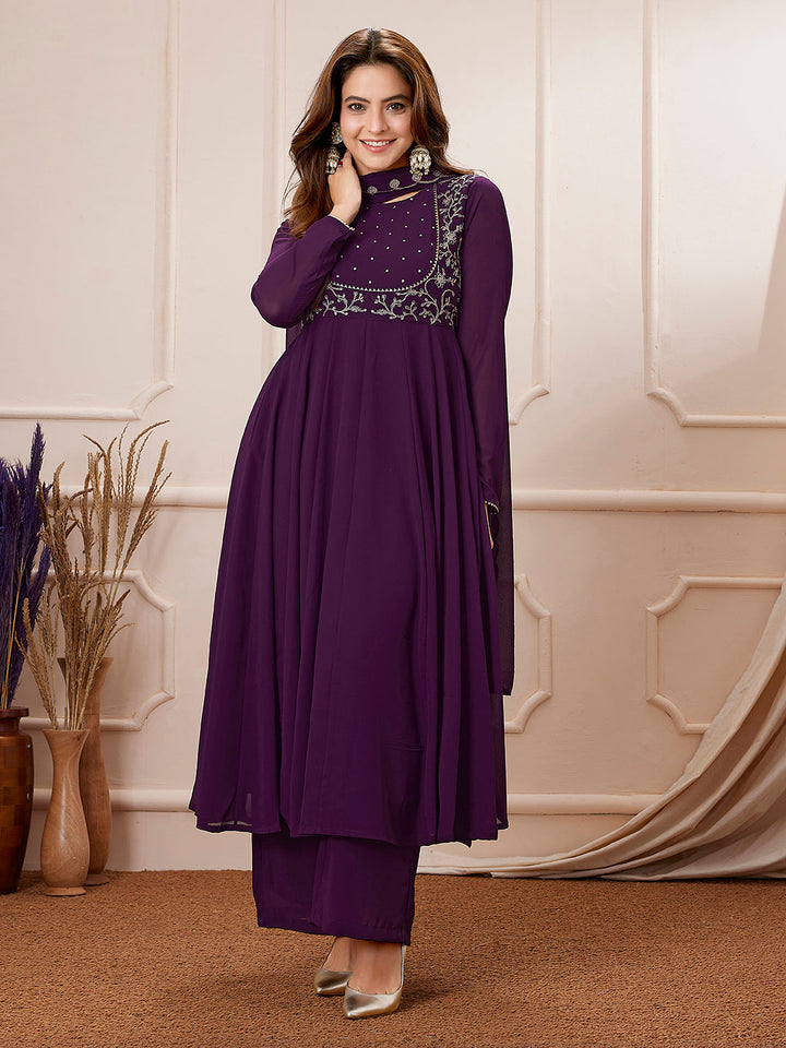 Purple Georgette Embroidered Anarkali Palazzo Set  - By Janasya