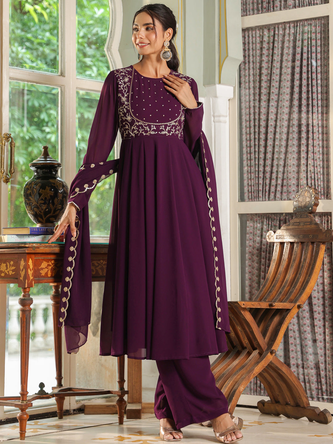 Purple Georgette Embroidered Anarkali Palazzo Set - qivii