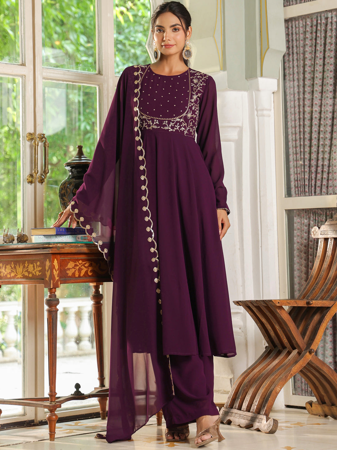 Purple Georgette Embroidered Anarkali Palazzo Set - qivii