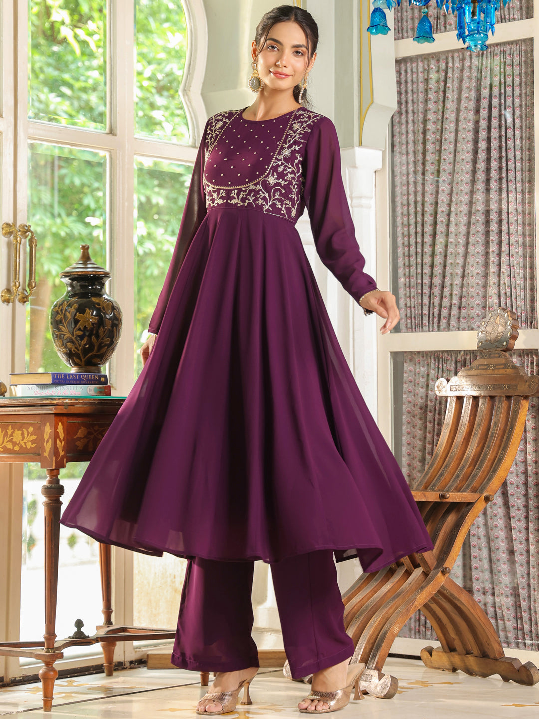 Purple Georgette Embroidered Anarkali Palazzo Set  - By Janasya