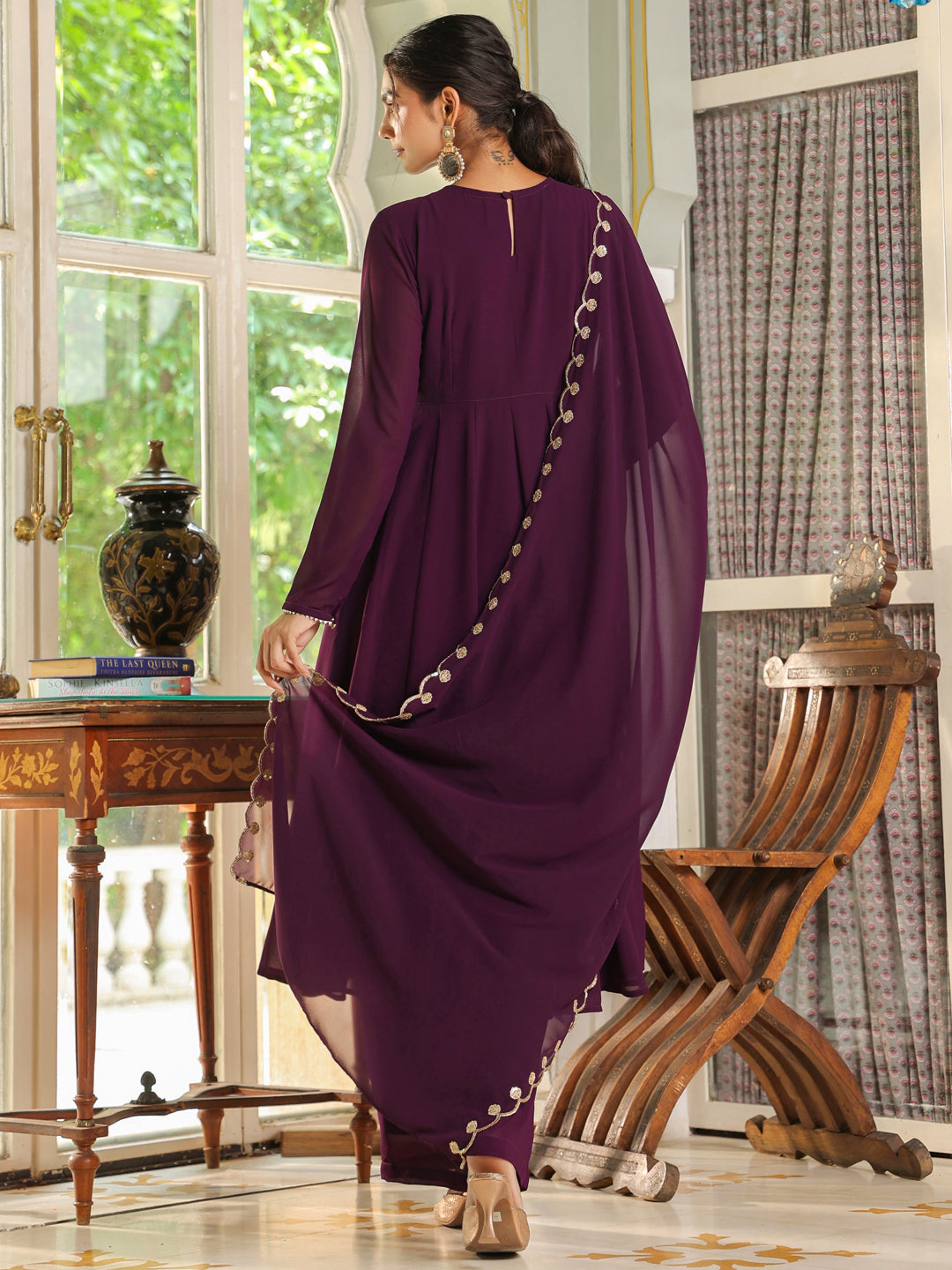 Purple Georgette Embroidered Anarkali Palazzo Set - qivii