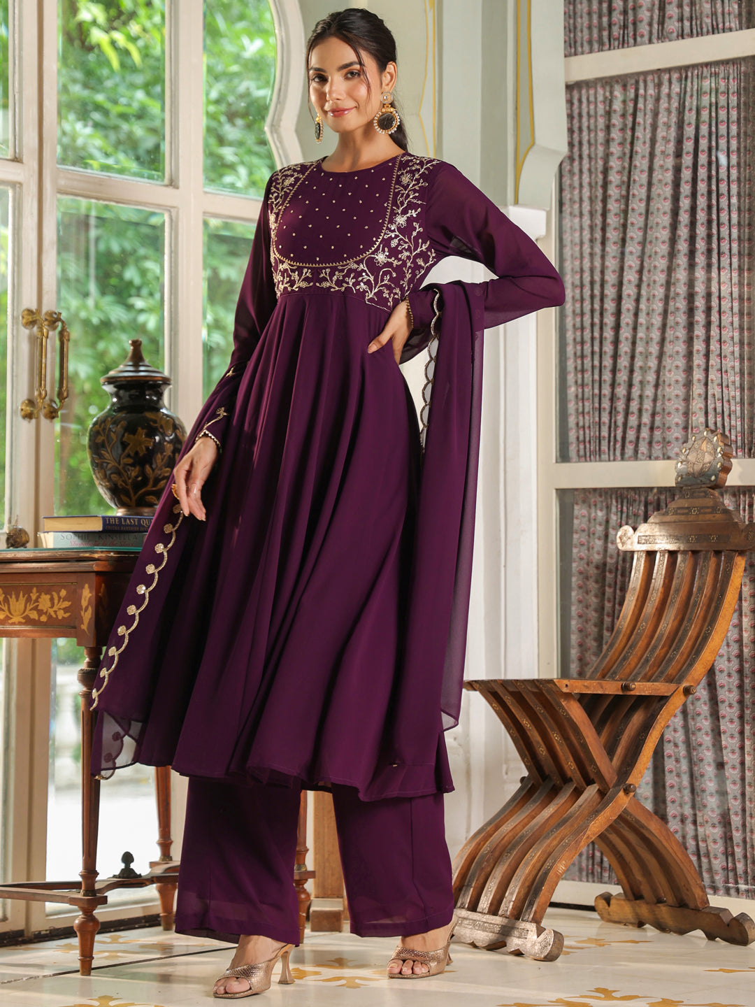 Purple Georgette Embroidered Anarkali Palazzo Set  - By Janasya