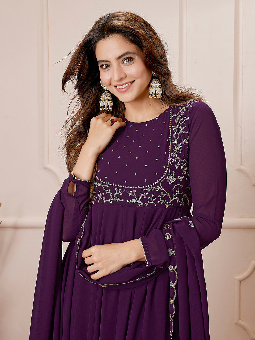 Purple Georgette Embroidered Anarkali Palazzo Set - qivii