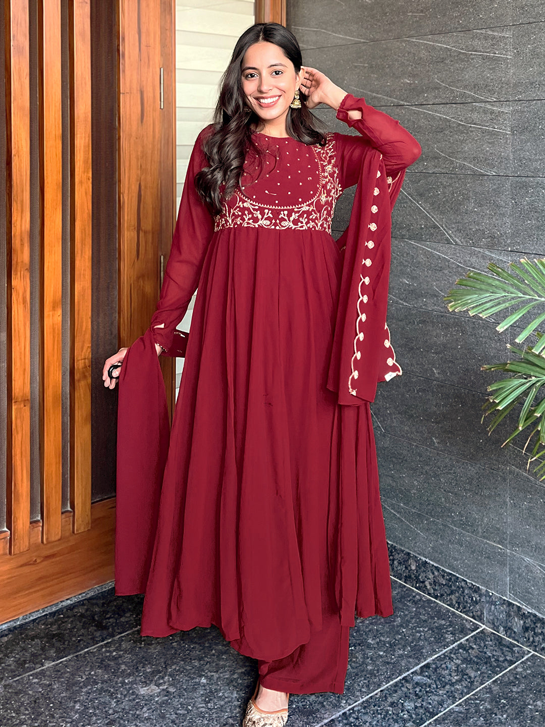 Maroon Georgette Embroidered Anarkali Kurta Set - qivii