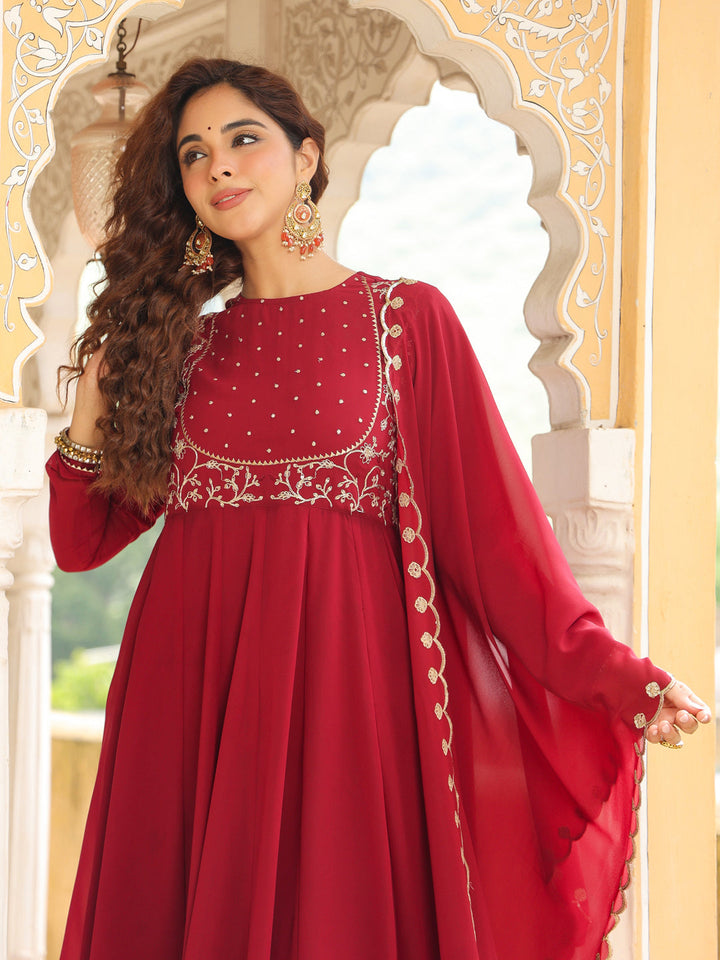 Maroon Georgette Embroidered Anarkali Kurta Set  - By Janasya