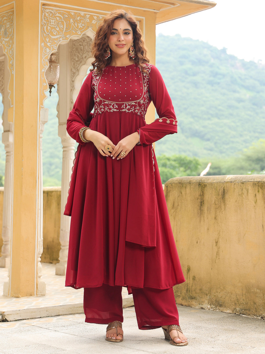 Maroon Georgette Embroidered Anarkali Kurta Set  - By Janasya