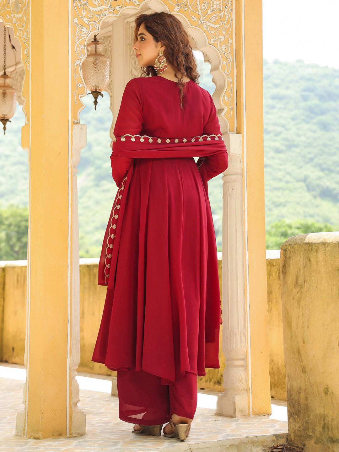 Maroon Georgette Embroidered Anarkali Kurta Set  - By Janasya