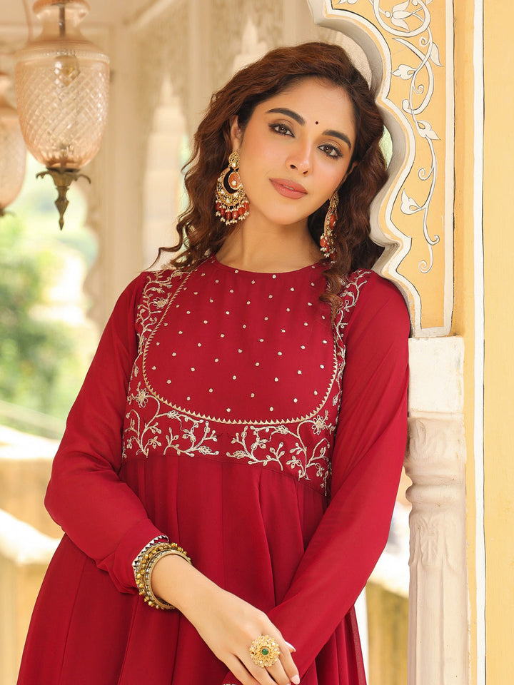 Maroon Georgette Embroidered Anarkali Kurta Set  - By Janasya