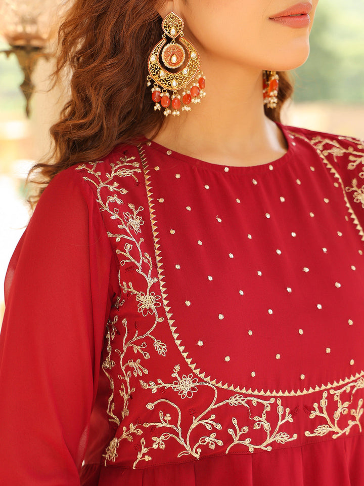 Maroon Georgette Embroidered Anarkali Kurta Set  - By Janasya