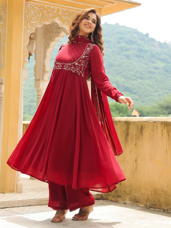 Maroon Georgette Embroidered Anarkali Kurta Set  - By Janasya