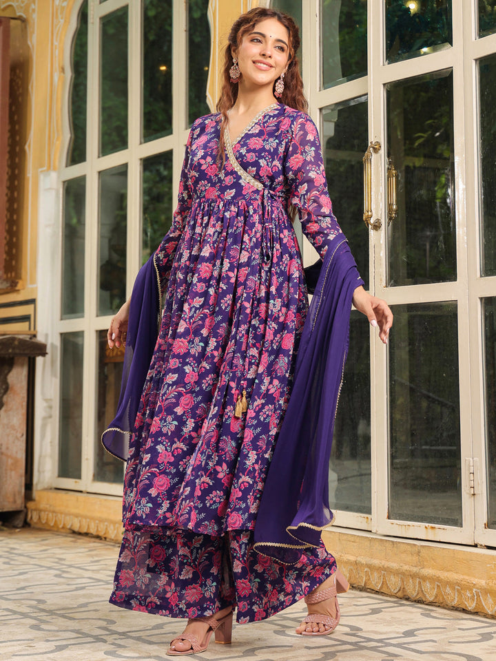 Purple Georgette Floral Printed Angrakha Kurta Set  - By Janasya