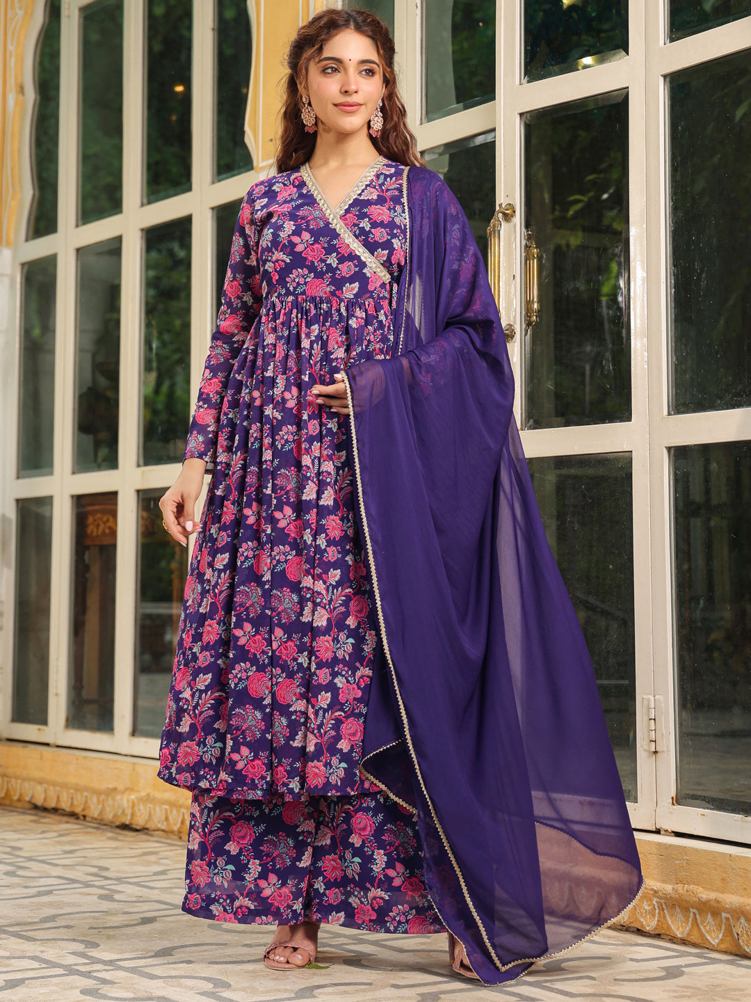 Purple Georgette Floral Printed Angrakha Kurta Set  - By Janasya