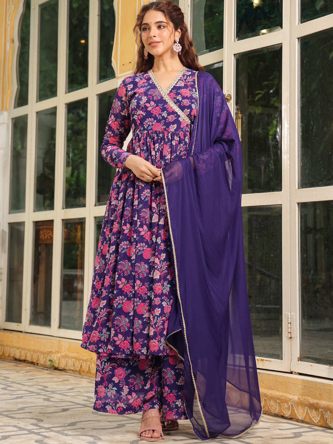 Purple Georgette Floral Printed Angrakha Kurta Set  - By Janasya