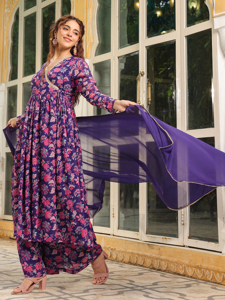 Purple Georgette Floral Printed Angrakha Kurta Set  - By Janasya