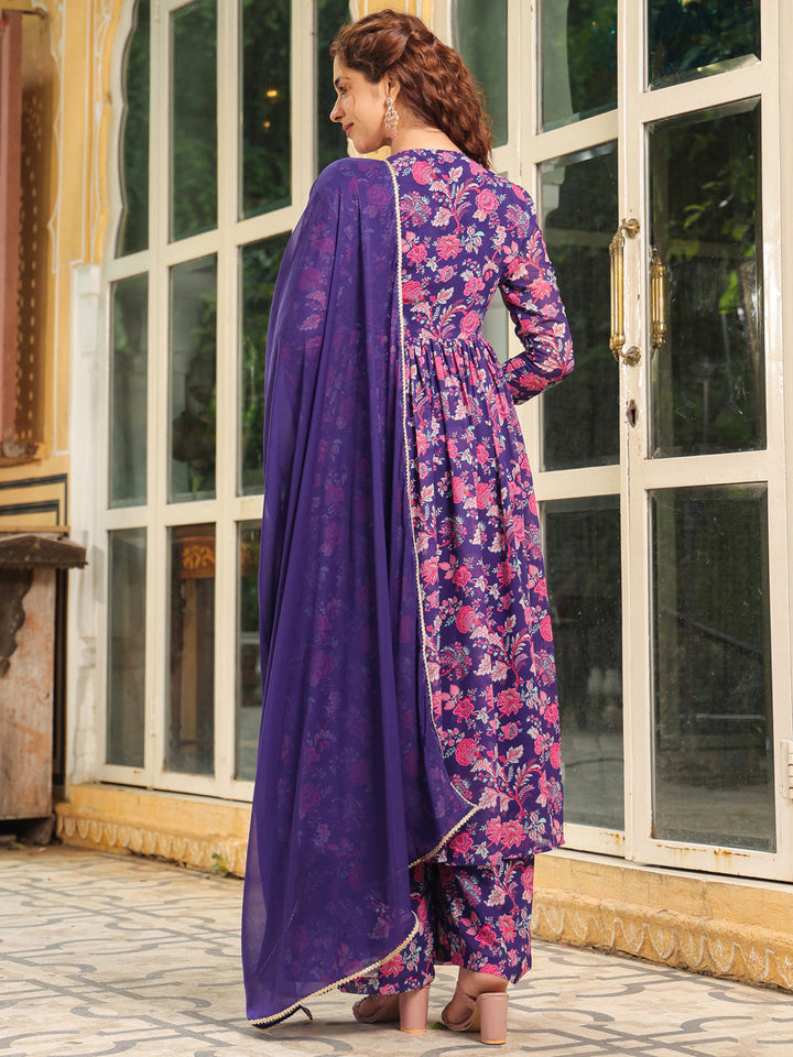 Purple Georgette Floral Printed Angrakha Kurta Set  - By Janasya