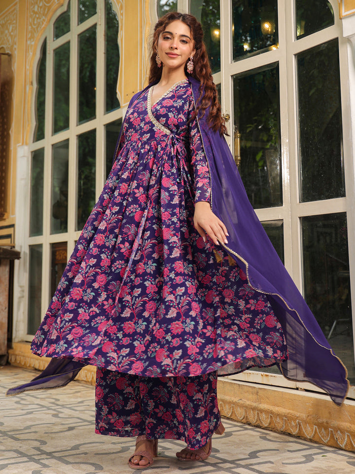 Purple Georgette Floral Printed Angrakha Kurta Set  - By Janasya