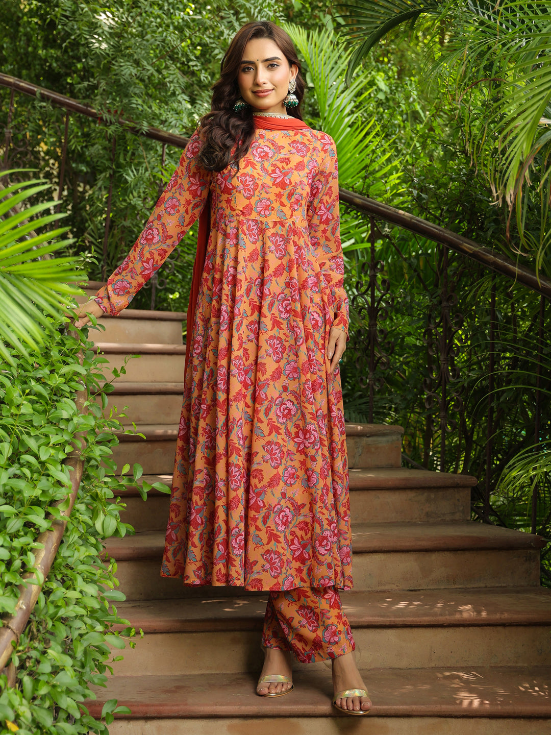 Mustard Georgette Floral Printed Anarkali Kurta Set  - By Janasya