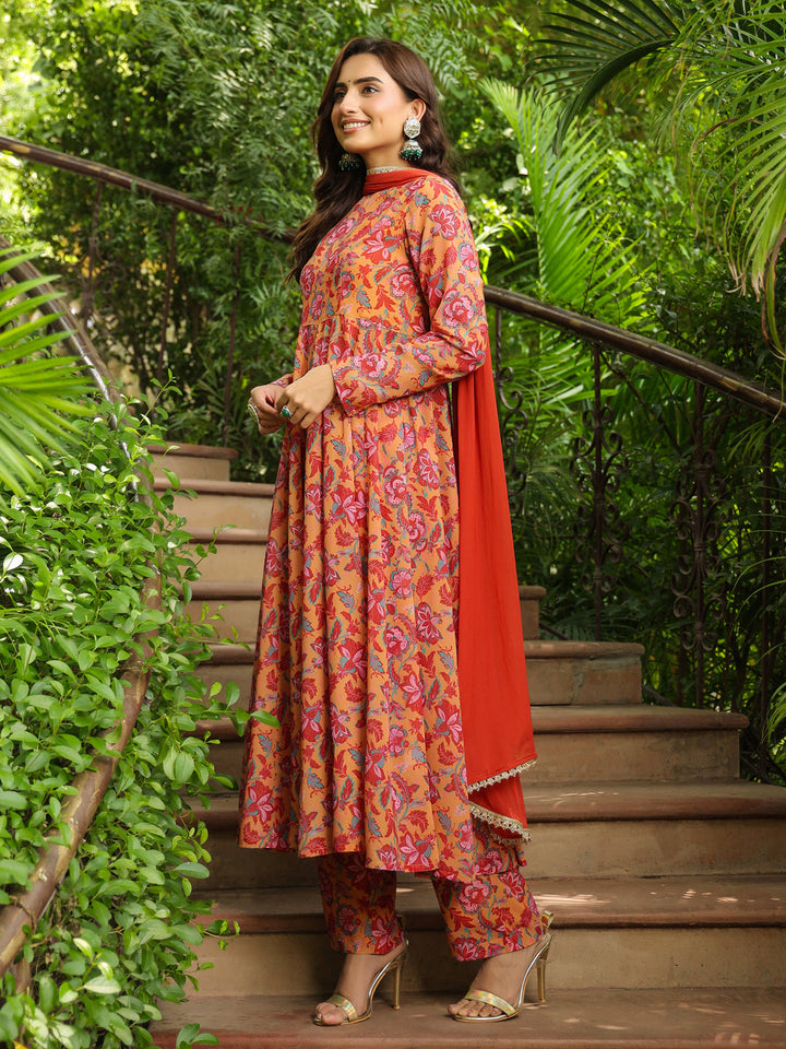 Mustard Georgette Floral Printed Anarkali Kurta Set  - By Janasya