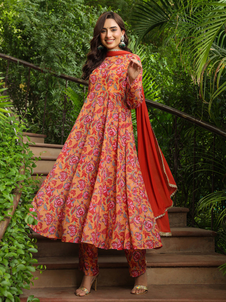 Mustard Georgette Floral Printed Anarkali Kurta Set  - By Janasya