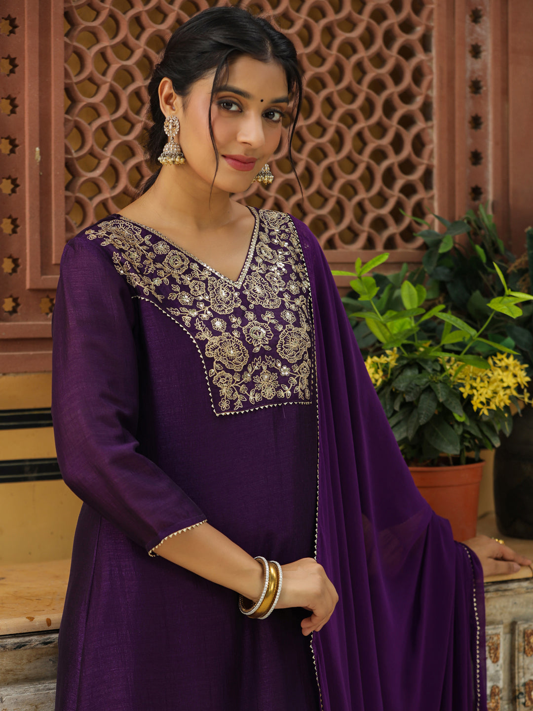 Purple Silk Blend Yoke Embroidered A-Line Kurta Set  - By Janasya