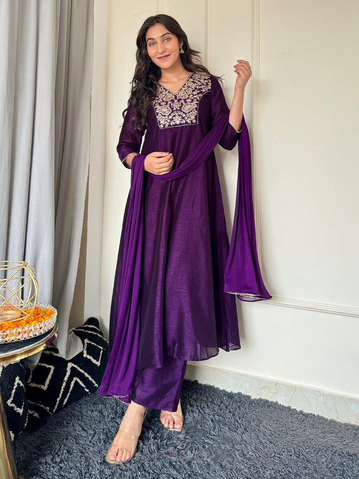 Purple Silk Blend Yoke Embroidered A-Line Kurta Set  - By Janasya