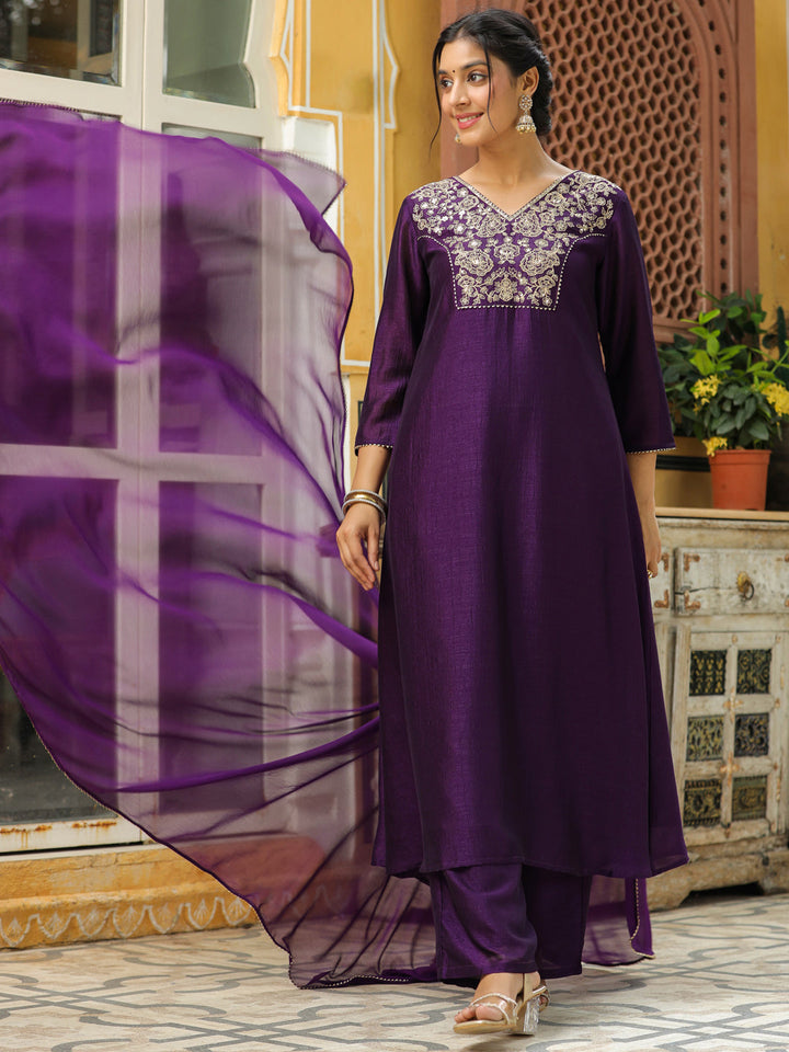 Purple Silk Blend Yoke Embroidered A-Line Kurta Set  - By Janasya