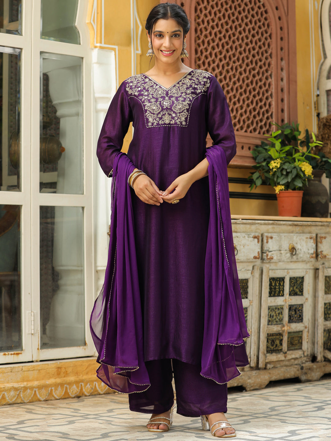 Purple Silk Blend Yoke Embroidered A-Line Kurta Set  - By Janasya