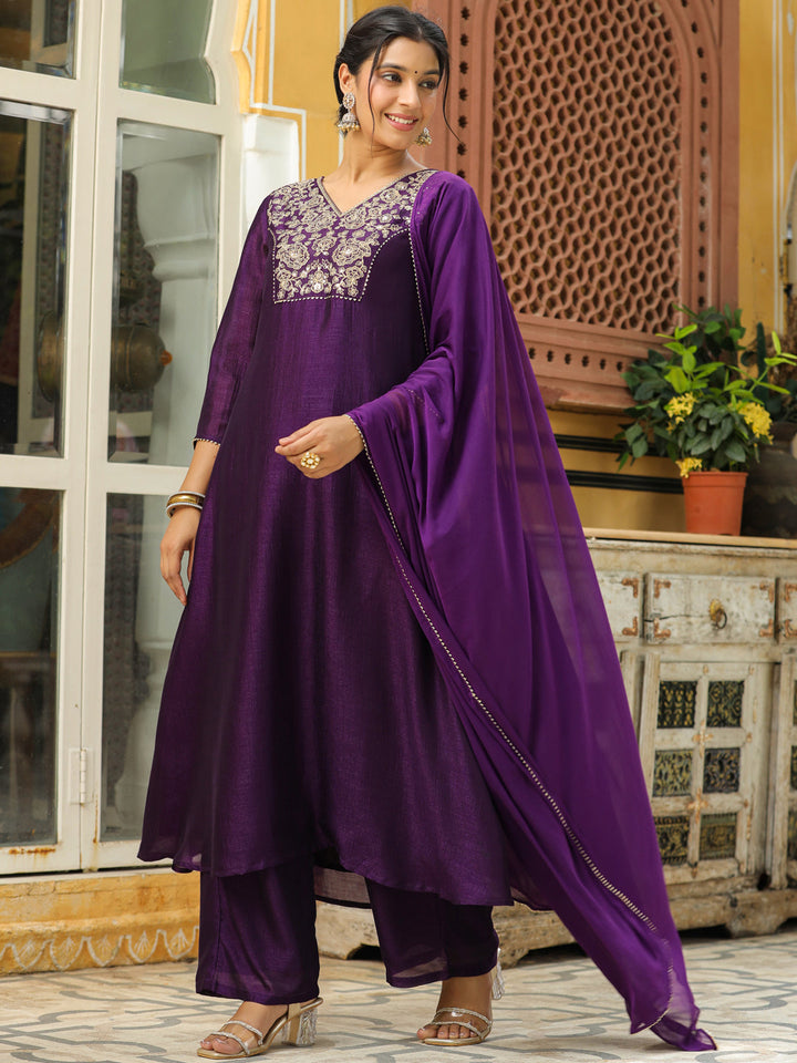 Purple Silk Blend Yoke Embroidered A-Line Kurta Set  - By Janasya