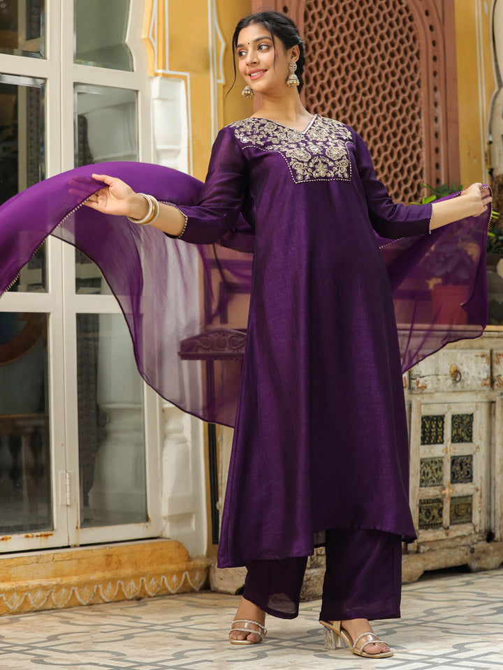 Purple Silk Blend Yoke Embroidered A-Line Kurta Set  - By Janasya